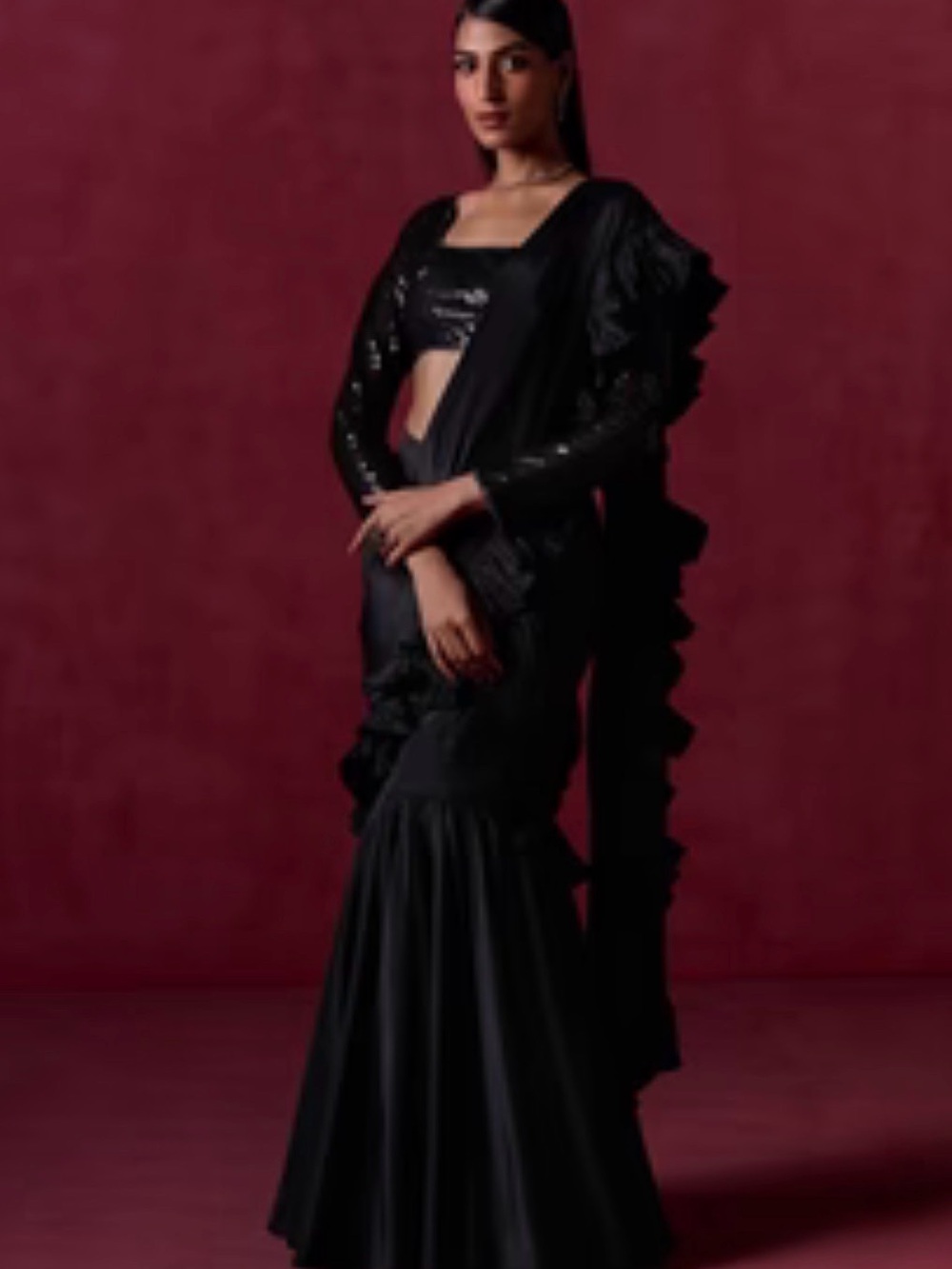 Black Ruffle Crepe Saree - Women